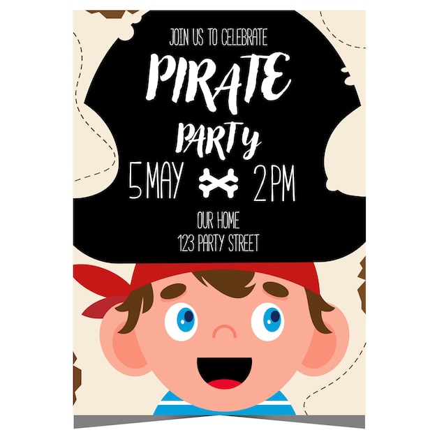 Vector pirate party invitation card for kids birthday celebration