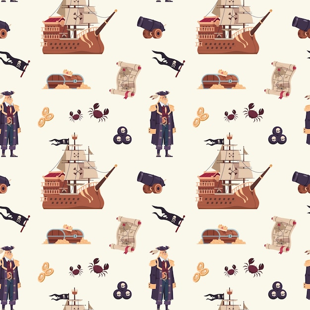 Pirate pattern Cartoon seamless texture with captain and wooden ship Map with location of treasure or chest full of gold Filibuster flag Vector mockup for kids textile and wallpaper