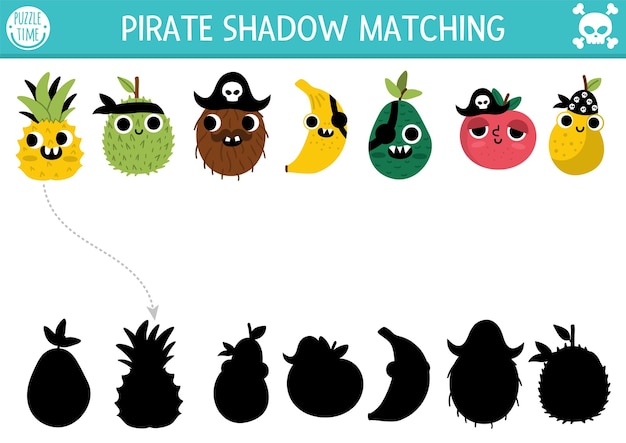 Pirate shadow matching activity Treasure island hunt puzzle with cute fruit pirates Find correct silhouette printable worksheet Sea adventures page for kids with apple bananaxA