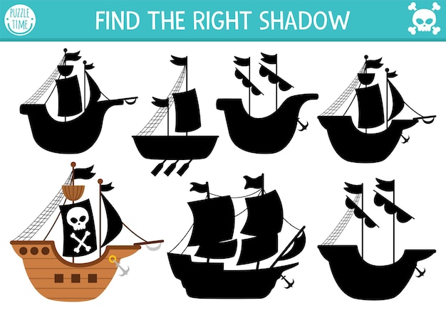 Pirate shadow matching activity Treasure island hunt puzzle with pirate ships Find correct silhouette printable worksheet or game Sea adventures page for kids with boat and black sailsxA