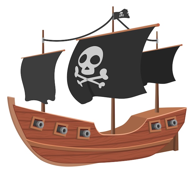 Vector pirate ship cartoon icon black sails boat