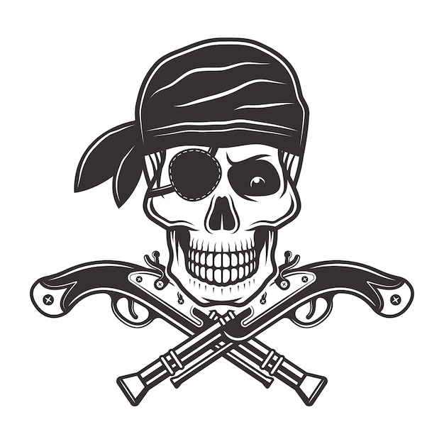 Pirate skull in bandana with patch on eye and two crossed pistols illustration