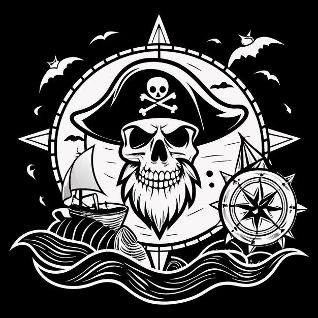 Vector pirate skull emblem with compass and sailing ships nautical adventure design