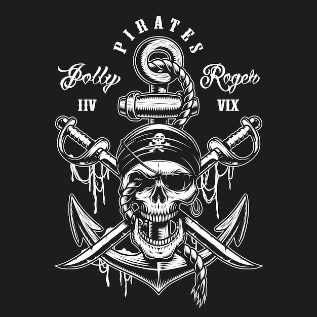 Pirate skull emblem with swords, anchor