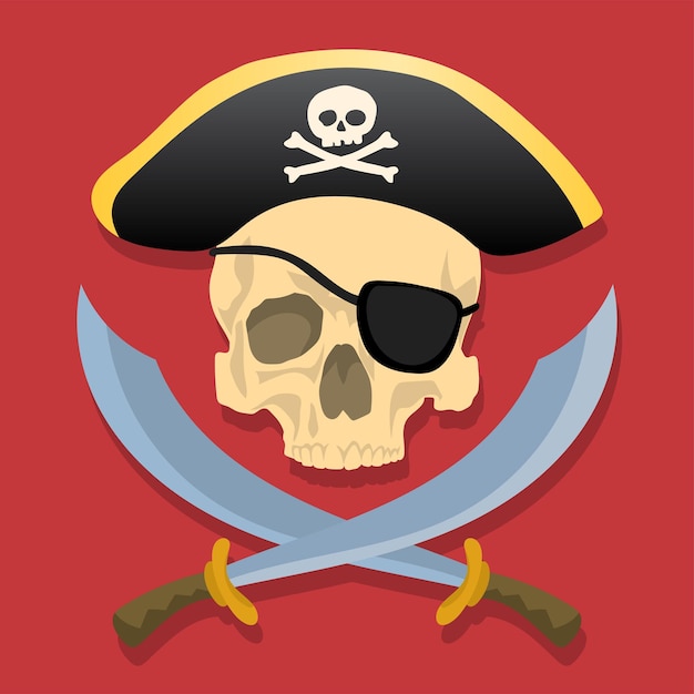 Pirate skull in red bandana and cocked hat