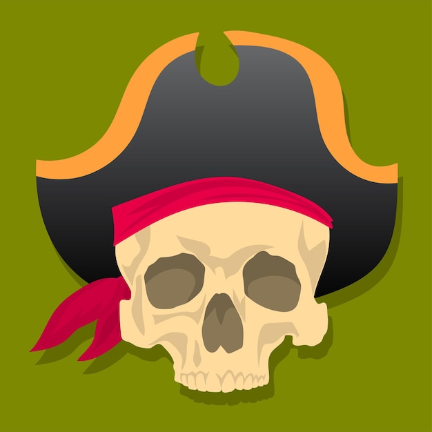 Pirate skull in red bandana and cocked hat