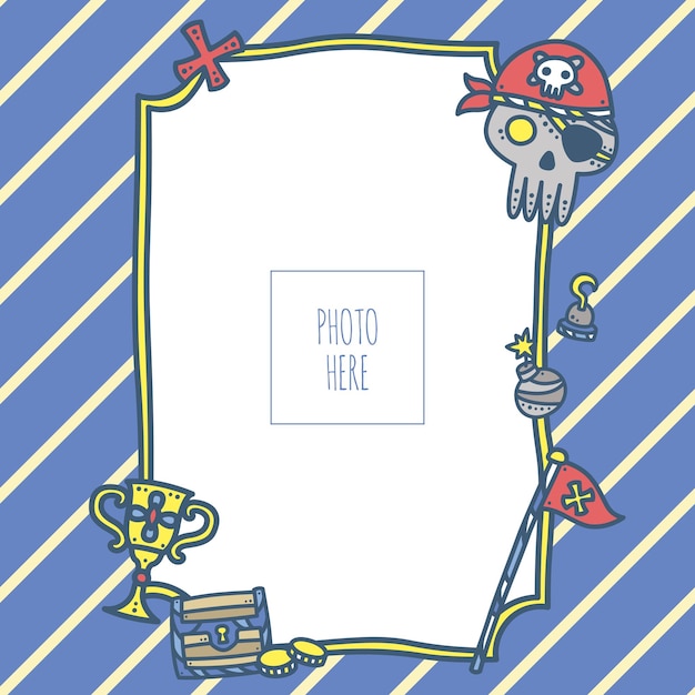 Vector pirate skull with hook treasure and flag captain ahoy photo frame template background