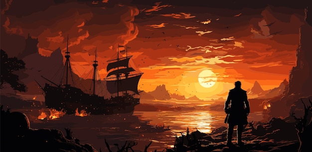 pirate standing on treasure pile against ruined ships at sunsetillustration painting