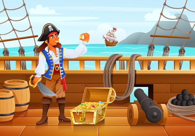 A pirate stands on the deck taking out a gem from a treasure chest cartoon illustration