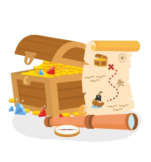 Pirate treasure box with map and telescope