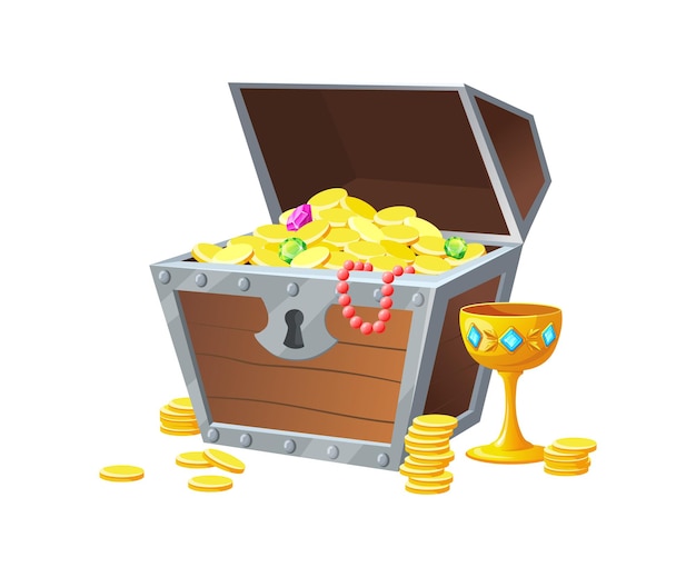 Pirate treasure chest. Wood treasures box with silver rim for comics cartoon vector