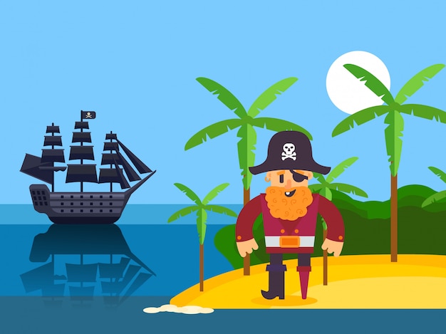 Pirate on tropical island,  illustration. Funny cartoon character pirate captain with red beard. Corsair on beach with palm, black sail ship in sea