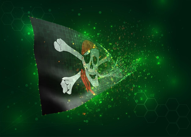 Pirate on vector 3d flag on green background with polygons and data numbers