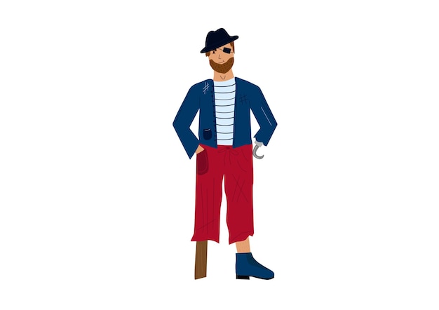 Pirate with hook character in flat cartoon style