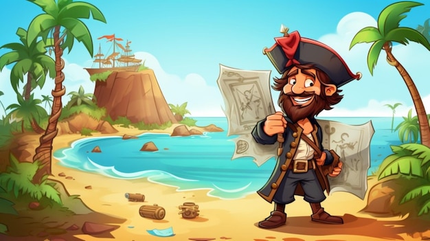 Vector a pirate with a map of the ocean and a beach with a pirate on it