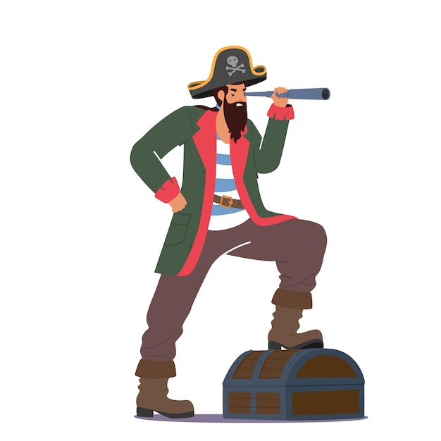 Pirate With Spyglass Look Into the Distance Robber Wear Costume and Cocked Hat with Jolly Roger and Loot in Trunk