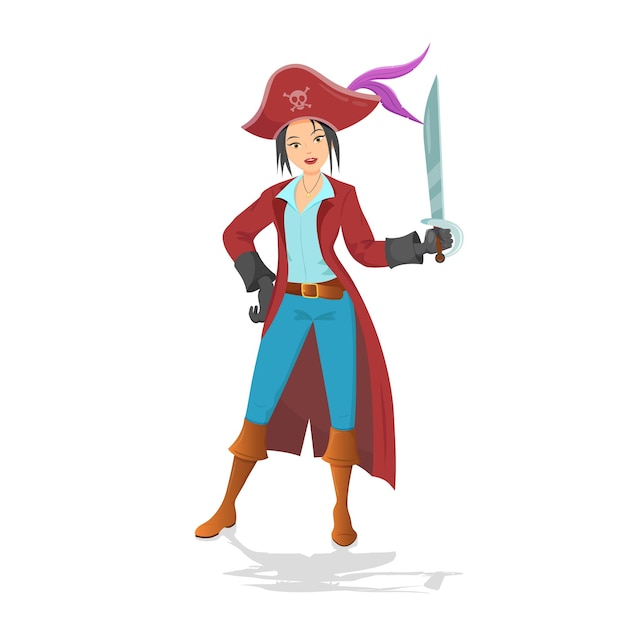 Pirate woman standing holding sword cartoon vector illustration on white background