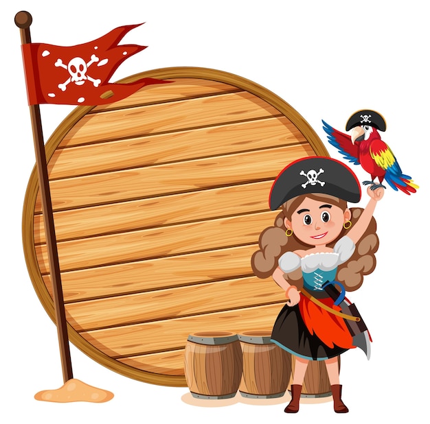 A pirate woman with an empty banner isolated on white background