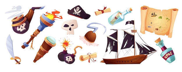 Pirates set icons in cartoon style.