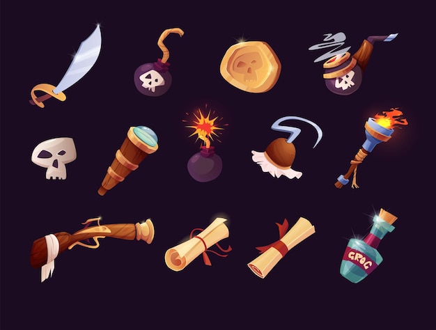 Pirates set icons in cartoon style.