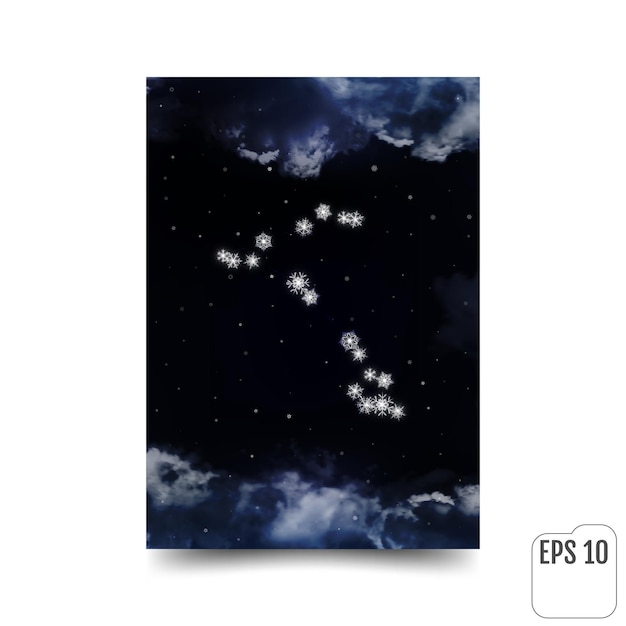 Pisces Constellation of snowflakes Zodiac Sign Pisces constellation lines The constellation is seen through the clouds and snowfall in the night sky Vector