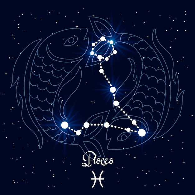 Pisces, constellation and zodiac sign on the background of the cosmic universe. Blue and white