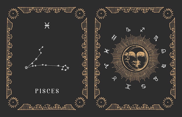 Pisces zodiac constellation old card in vector