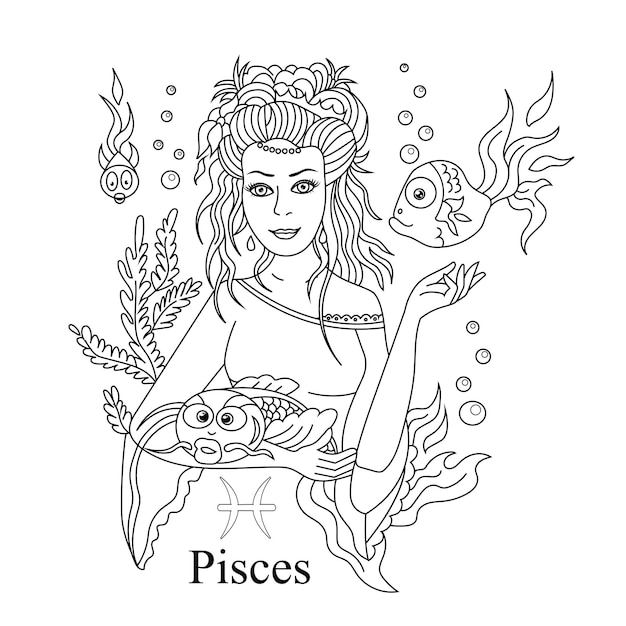 Pisces zodiac sign as a beautiful girl coloring page Vector illustration isolated