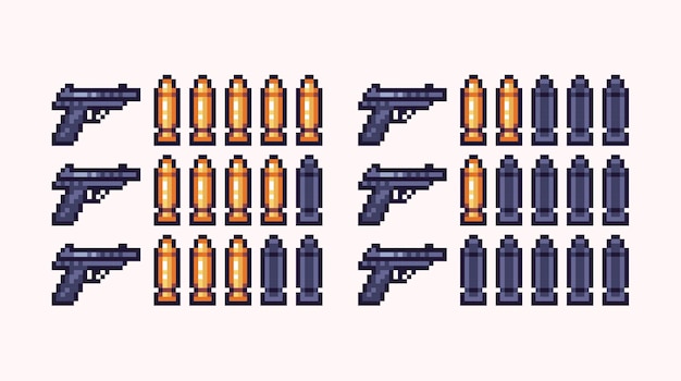 Pistol ammo interface pixel art set. Gun bullets battery collection.  8 bit sprite.