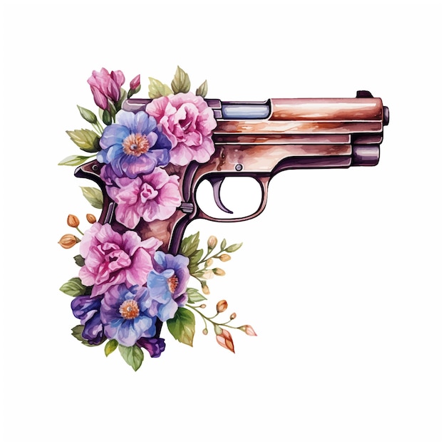 Pistol with flowers watercolor hand paint ilustration