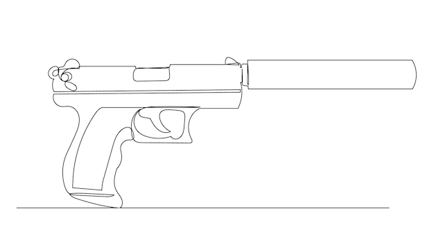 Pistol with silencer one line drawing, vector