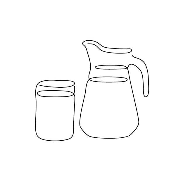 Pitcher with a glass of milk continuous line drawing One line art of dairy produce glass jug