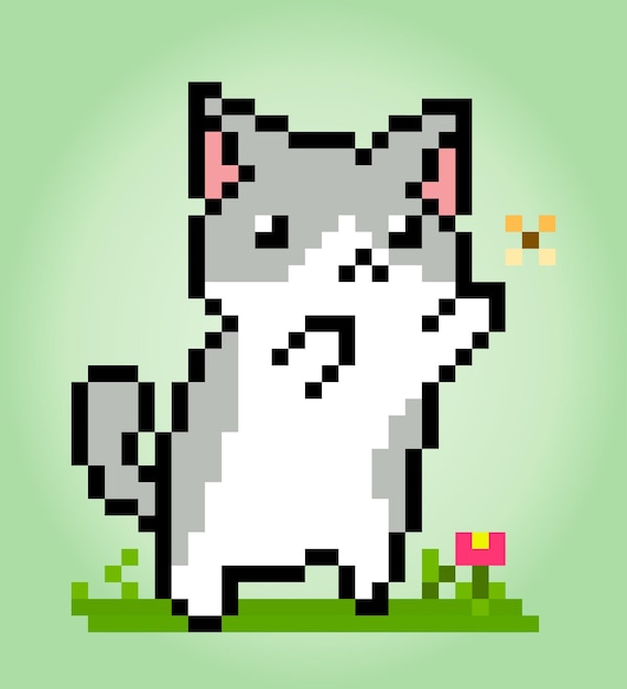 Pixel 8 bit cat catches a butterfly Animals for game assets in vector illustrations