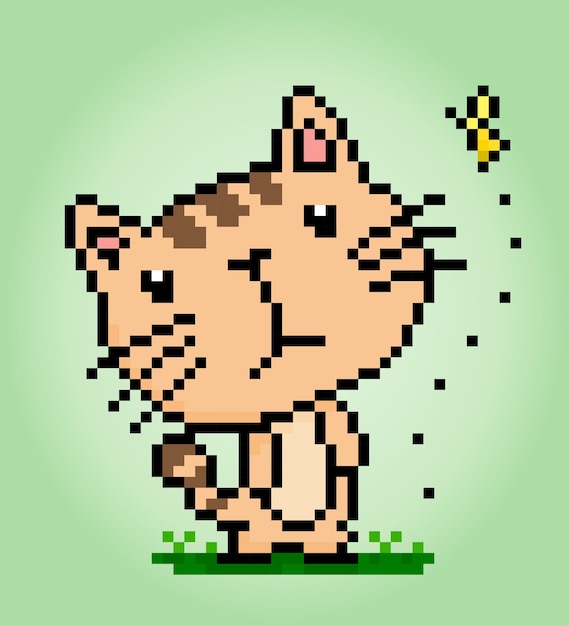 Pixel 8 bit cat saw a butterfly Animals for game assets in vector illustrations