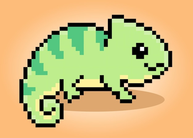 Pixel 8 bit chameleon green colored Animal game assets in vector illustration