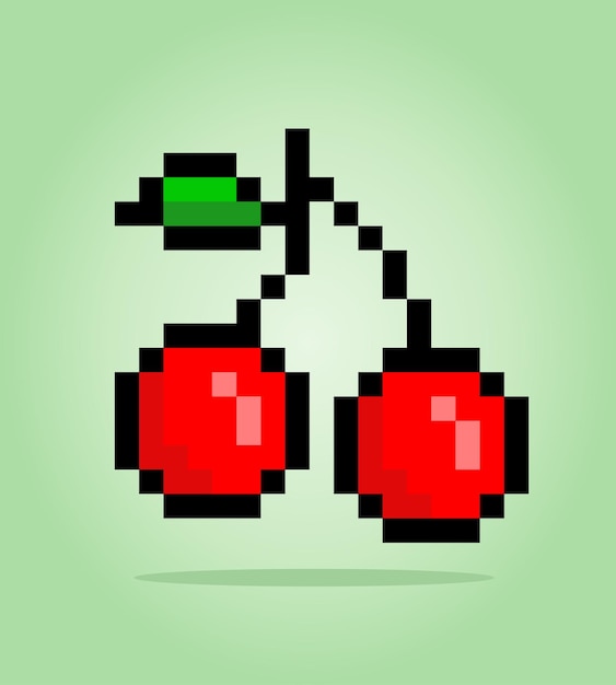 Pixel 8 bit cherry fruits for game assets in vector illustration