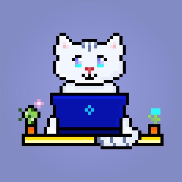 Pixel adorable cat on blue laptop two plants