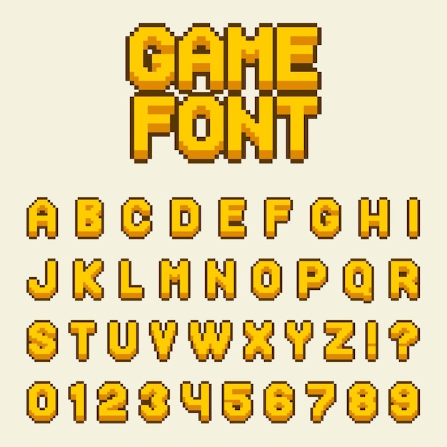 Pixel alphabet font letters and numbers set video computer game in retro 8 bit style. Modern stylish font or typeface for headline or headline design like poster, layout design, game, website or print