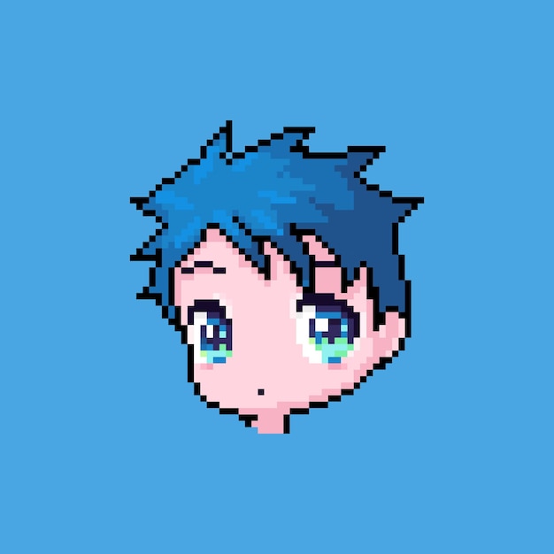 Pixel anime boy with blue hair retro pixel art kid character