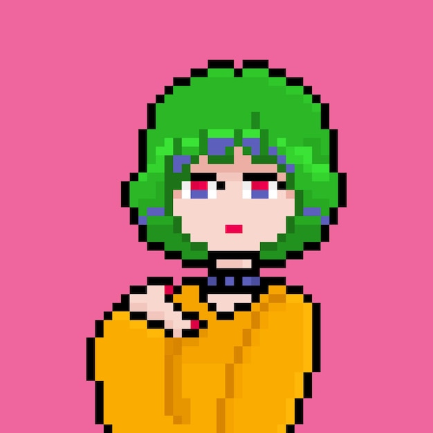 Pixel anime girl with bright green hair yellow hoodie