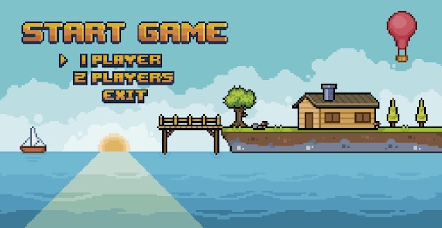 Pixel art adventure game menu with sea island house tree deck 8 bit vector background