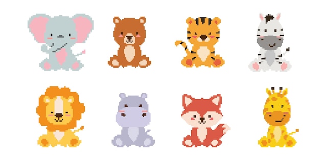 Pixel art animals icons Collection 8 bit retro style illustration set of tiger bear fox hippo gi