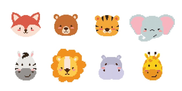 Pixel art animals icons Collection 8 bit retro style illustration set of tiger bear fox hippo gi