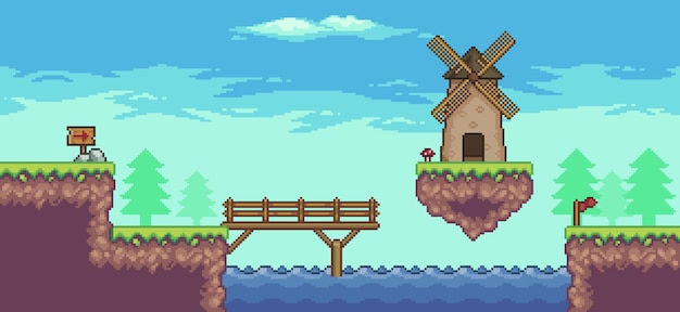 Pixel art arcade game scene with floating platform mill river bridge trees fence and clouds 8bit