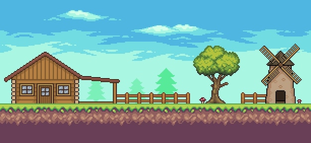 Pixel art arcade game scene with house mill trees fence e clouds 8 bit vector background