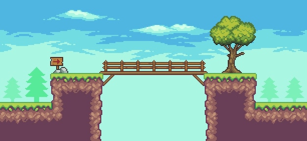 Pixel art arcade game scene with tree, bridge, wooden board, and clouds 8 bit vector background