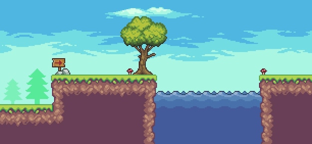 Pixel art arcade game scene with trees, lake, clouds 8bit background