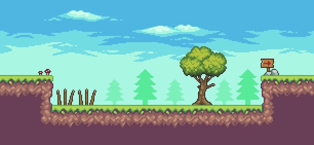 Pixel art arcade game scene with trees, wooden board, trap and clouds 8 bit vector background