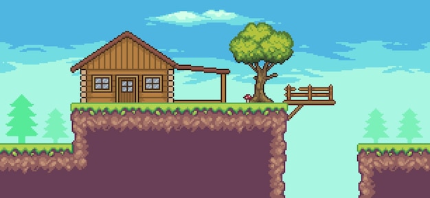 Pixel art arcade game scene with wood house trees fence bridge and clouds 8bit background