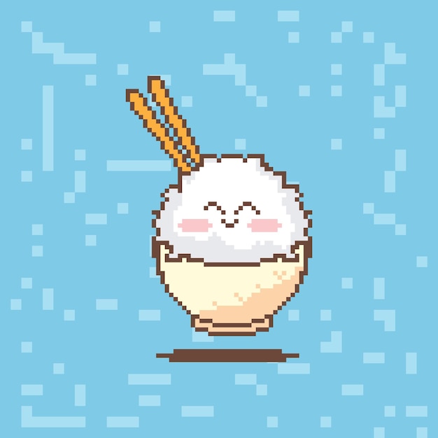 Pixel art Asian rice bowl with a cute face